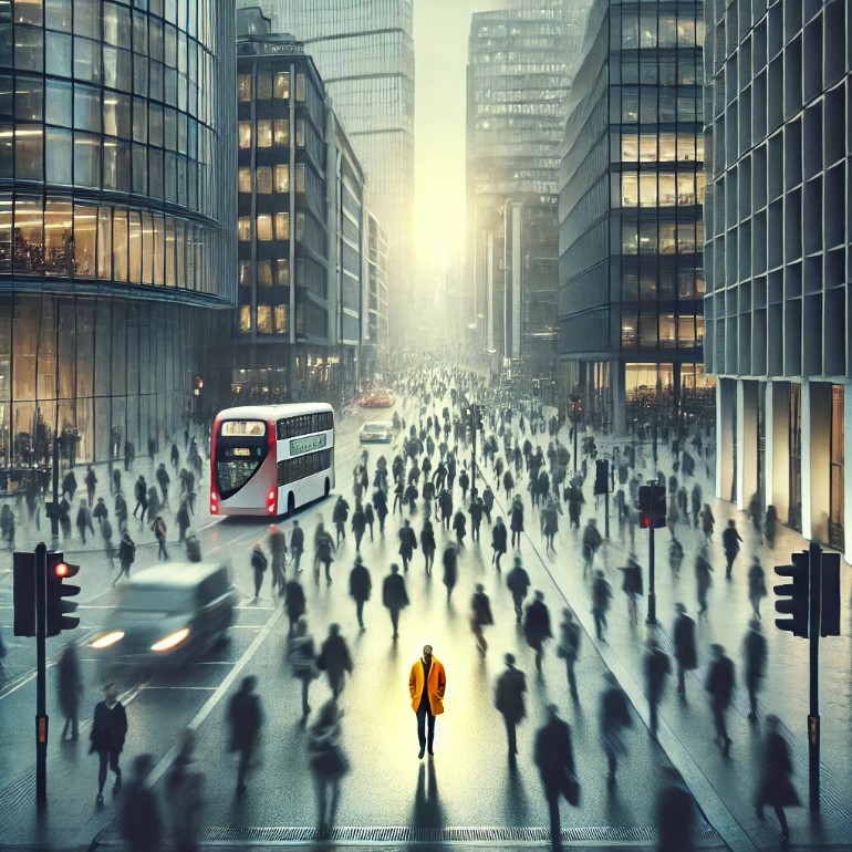 Discover What Drives You: How to Find Your True Purpose 1 single person walking alone through a busy urban street, surrounded by a bustling crowd.